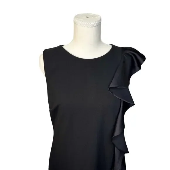 White House Black Market Black Ruffle Sheath Dress Medium Petite MP Cocktail LBD - Picture 4 of 16